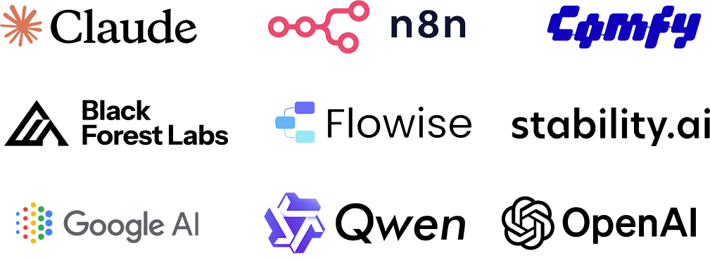 AISLAND core AI technologies: Claude AI assistant, intelligent automation systems, ComfyUI, Black Forest Labs FLUX, Flowise chatbot builder, Stability AI image generation